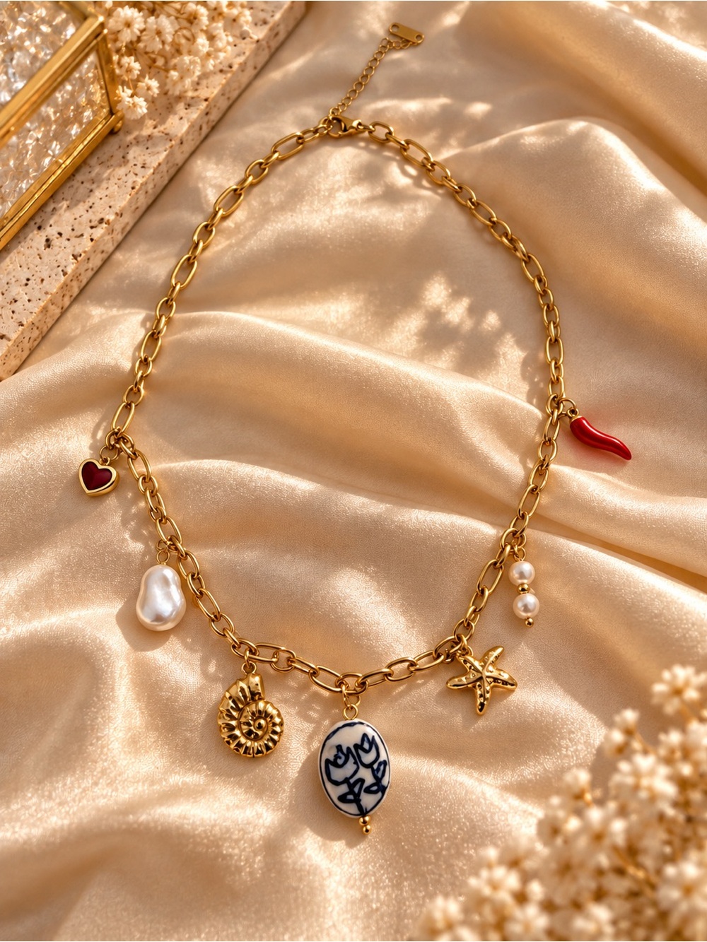 Gold Charm Necklace with Red & Pearl Accents